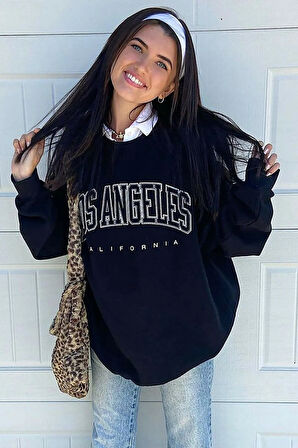 Kadın Siyah Los Angeles Baskılı Oversize Kadın Sweatshirt