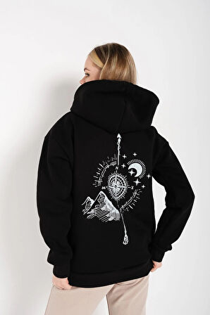 Kadın Siyah Oversize Pusula Sırt Baskılı Hırka Sweatshirt
