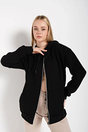 Kadın Siyah Oversize Pusula Sırt Baskılı Hırka Sweatshirt
