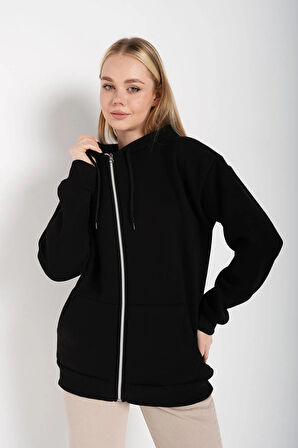 Kadın Siyah Oversize Pusula Sırt Baskılı Hırka Sweatshirt
