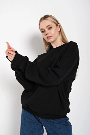 Kadın Siyah Sırt Pusula Baskılı Oversize Sweatshırt