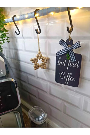 Kahve Köşesi Süsü İskandinav Tarzı Mutfak Dolap  & Ahşap Yıldız 2'li Set But First Coffee