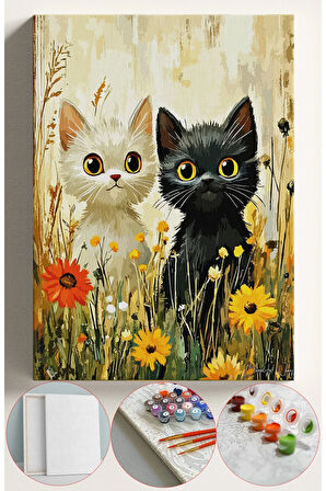 Sayılarla Boyama Seti Numaralı Tuval Fırça Boya 40x50 Cm SİYAH-BEYAZ KEDİ