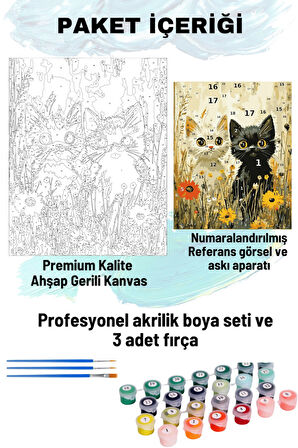 Sayılarla Boyama Seti Numaralı Tuval Fırça Boya 40x50 Cm SİYAH-BEYAZ KEDİ