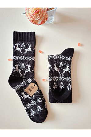 BAMBU TERMAL YIKAMALI SOKET YILBAŞI KADİFEMSİ YUMUŞAK DESENLİ ETNİK ÇORAP  ÇORABI SİYAH-BEYAZ