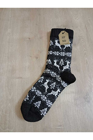 BAMBU TERMAL YIKAMALI SOKET YILBAŞI KADİFEMSİ YUMUŞAK DESENLİ ETNİK ÇORAP  ÇORABI SİYAH-BEYAZ