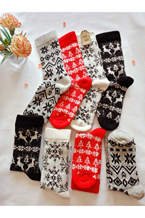 BAMBU TERMAL YIKAMALI SOKET YILBAŞI KADİFEMSİ YUMUŞAK DESENLİ ETNİK ÇORAP  ÇORABI SİYAH-BEYAZ