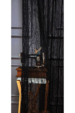 Siyah 2Kat Pileli Tül Perde Cam Kırığı Yeni Moda Tül Perde