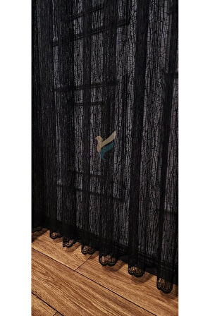 Siyah 3Kat Pileli Tül Perde Cam Kırığı Yeni Moda Tül Perde