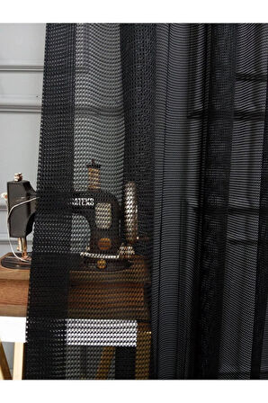 Siyah Renk Fileli Tül Perde 3Kat Pileli Mutfak Tül Perde