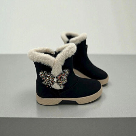 KIZ ÇOCUK KÜRKLÜ KELEBEK DETAYLI SİYAH BOT 