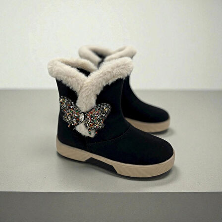 KIZ ÇOCUK KÜRKLÜ KELEBEK DETAYLI SİYAH BOT 