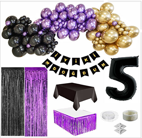 5 Yaş Siyah, Gold, Mor Balon, Siyah-Gold Doğum Günü Seti
