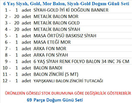 6 Yaş Siyah, Gold, Mor Balon, Siyah-Gold Doğum Günü Seti