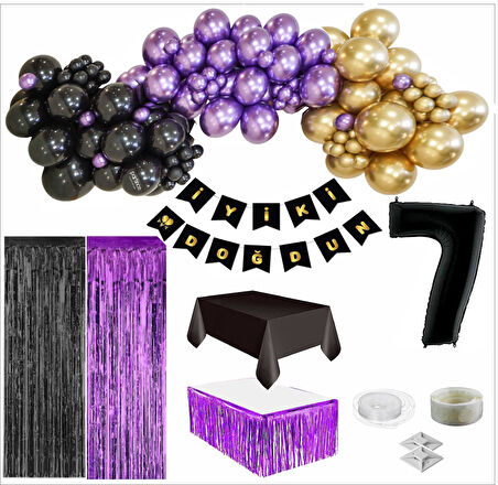 7 Yaş Siyah, Gold, Mor Balon, Siyah-Gold Doğum Günü Seti