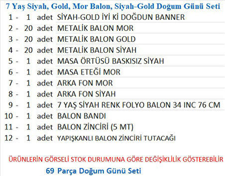 7 Yaş Siyah, Gold, Mor Balon, Siyah-Gold Doğum Günü Seti