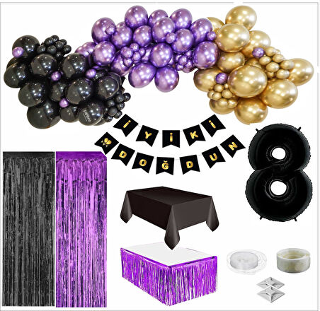 8 Yaş Siyah, Gold, Mor Balon, Siyah-Gold Doğum Günü Seti