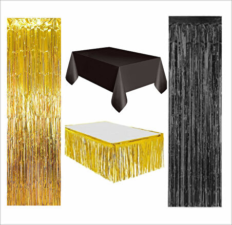 Siyah Masa Örtüsü, Gold Masa Eteği, 1 adet Gold Arka Fon, 1 adet Siyah Arka Fon
