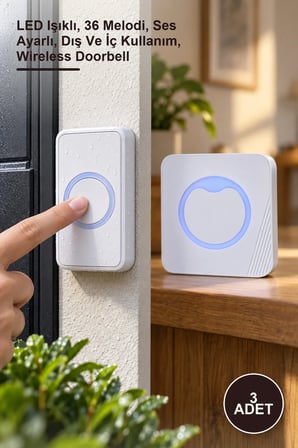 3 Adet Beyaz Kablosuz Su Geçirmez Kapı Zili – LED Işıklı, 36 Melodi, Ses Ayarlı, Dış Ve İç Kullanım, Wireless Doorbell