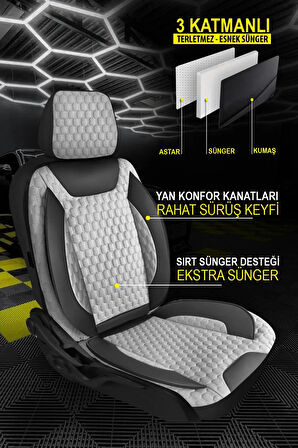 Hyundai Excel UYUMLU TAM SET PRO Lüks Oto Koltuk Kılıfı Deri ve Kabartmalı ÖZEL KUMAŞ GRİ