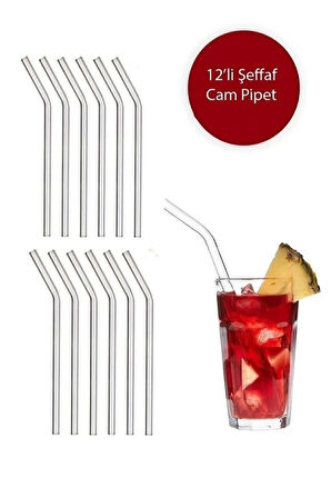 12 Adet Şeffaf Cam Eğimli Pipet - Cam Pipet 12'li