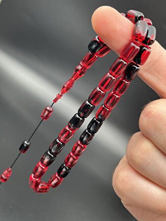 Kırmızı-Siyah Geçişli Sıkma Kehribar Kapsül Kesim Tesbih 33’lü 7x10 mm – SK070230.190425