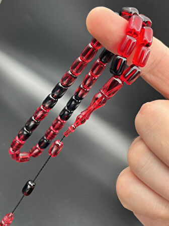 Kırmızı-Siyah Geçişli Sıkma Kehribar Kapsül Kesim Tesbih 33’lü 7x10 mm – SK070230.190425