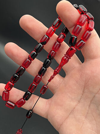 Kırmızı-Siyah Geçişli Sıkma Kehribar Kapsül Kesim Tesbih 33’lü 7x10 mm – SK070230.190425