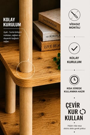Dekoratif 5 Katlı Ahşap Kitaplık Çok Amaçlı Raf Ünitesi Salon Ofis Çocuk Odası