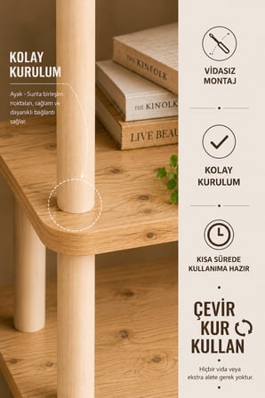 Dekoratif 5 Katlı Ahşap Kitaplık Çok Amaçlı Raf Ünitesi Salon Ofis Çocuk Odası