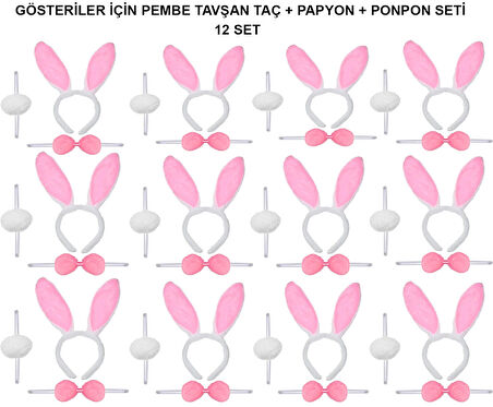 Pembe Tavşan Kostüm Seti – Taç, Papyon, Ponpon (12’li Paket)