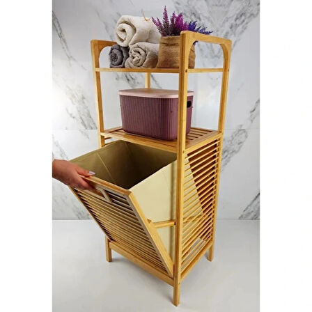 2 Organizer Raflı Ahşap Bambu Çek-aç Kirli Sepeti