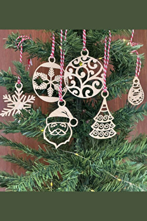 Leyloş 6 Parça Kırmızı Beyaz İpli Noel Babalı Ve Kar Tanesi Model Ahşap Yılbaşı Ağaç Süsü