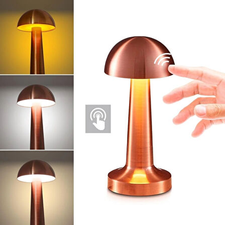 Leyloş Mantar Model Bronz Renk Şarjlı Dokunmatik 3 Renkli Led Masa Lambası