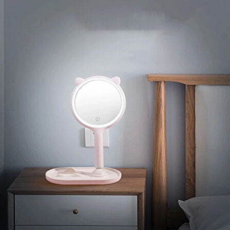 Leyloş Kedi Kulaklı Telefon Standlı Yuvarlak Dokunmatik Led Ayarlı Masa Üstü Makyaj Aynası