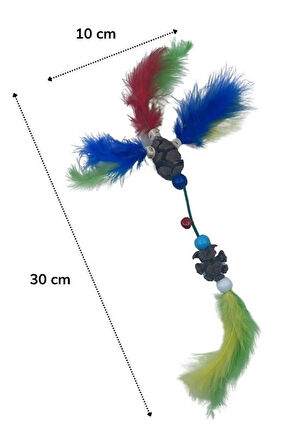 Leyloş Tüylü Tahta Boncuklu Zilli Kedi Oyuncağı Çok Renkli Kedi Oyuncak