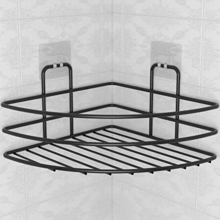 Leyloş Kendiliğinden Yapışkanlı Montaj Gerektirmeyen Tek Katlı Banyo Askı Köşe Şampuanlık Siyah