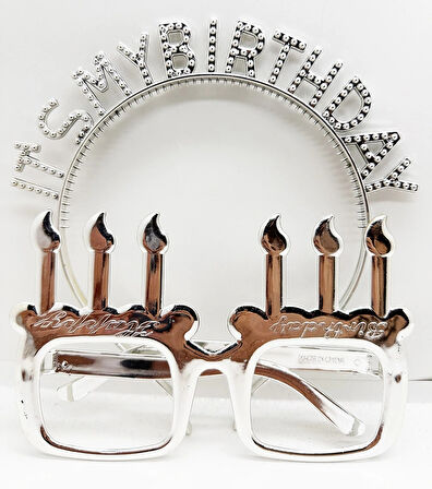 İt's My Birthday Yazılı Taç Ve Mum Şekilli Gözlük Seti Gümüş Renk