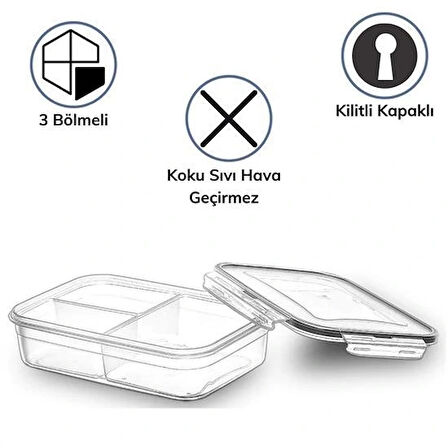 Leyloş 3 Bölmeli Kilitli Kapaklı 1 Litre Erzak Saklama Kabı Lc-510