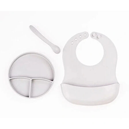 Gri 3’lü Silikon Yemek Seti – Önlük + Diş Kaşıyıcılı Kaşık + Vakumlu Tabak