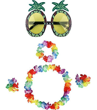 Renkli Ananas Gözlük, Taç, Kolye Ve Bileklik Seti