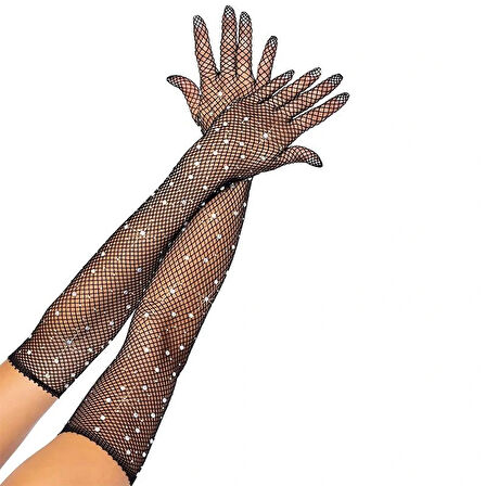 Siyah İncili Elmas File Örgü Uzun Eldiven