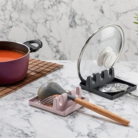 Leyloş Tencere Kapak Tutuculu Kaşıklıklı Tencere Kapak Standı Pratik Kaşık Kepçe Altlık Düzenleyici