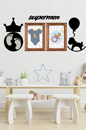 Leyloş Deco103 Supermen Dekoratif Duvar Süsü Tablo Aksesuar Ahşap Tasarım Hediye Pano Sticker Seti