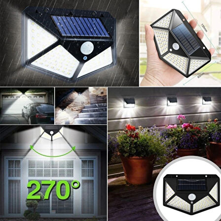 Leyloş 100 Ledli 3 Farklı Aydınlatma Ayarlı Solar Güneş Enerjili Hareket Sensörlü Bahçe Duvar Lambası