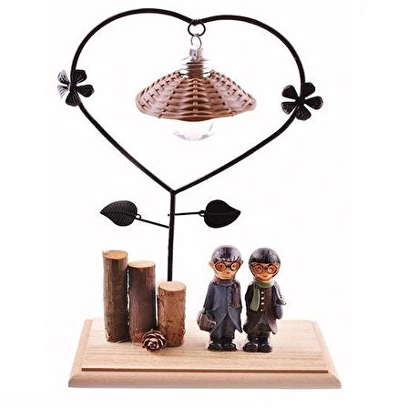 Leyloş Pilli Işıklı Romantik Çift Tema Büyük Boy Dekoratif Ahşap Biblo