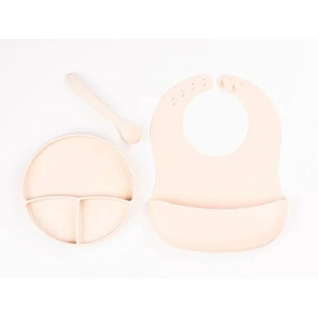 Krem Rengi 3’lü Silikon Yemek Seti – Önlük + Diş Kaşıyıcılı Kaşık + Vakumlu Tabak