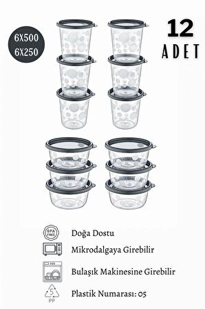 12'li Set Sızdırmaz Hava Almaz Kapaklı Yuvarlak Erzak Saklama Kabı 6x500 ml 6x250 ml