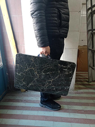 Portatif, Çok Amaçlı, Taşınabilir Kamp, Piknik, Seyehat Masası,-Mermer Desen- Ahşap Ayaklı