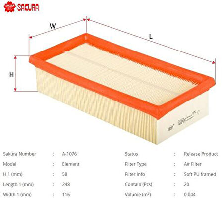 Sakura A1076 Hava Filtresi.Japon Colt(Z3) Smart 454 04-12 1.3 1.5 1.5 Dı-D 04-11 1500A094